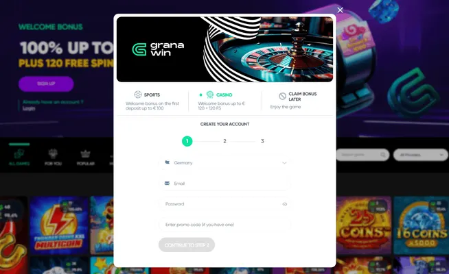 Granawin Casino Registrierungsseite Screenshot